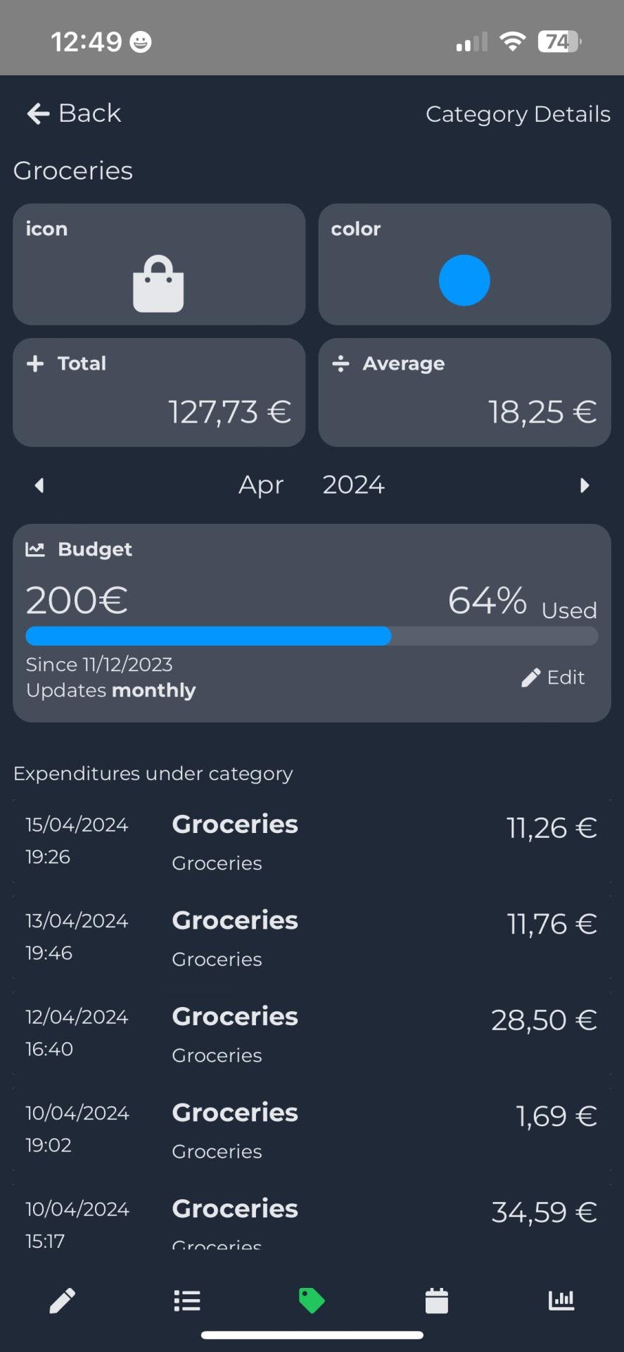 Allows you to view recent expenditures under a category, modify budgets and its percentage used in the current month, as well as modifying icons and colors of the category.