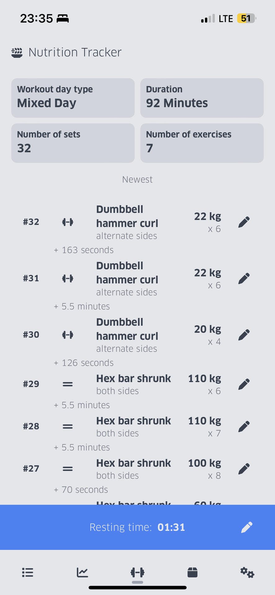 This page shows the list of sets of exercises you do today. This is also the page I stare at most of the time when I am at the gym. The timer in blue will be visible in all pages.