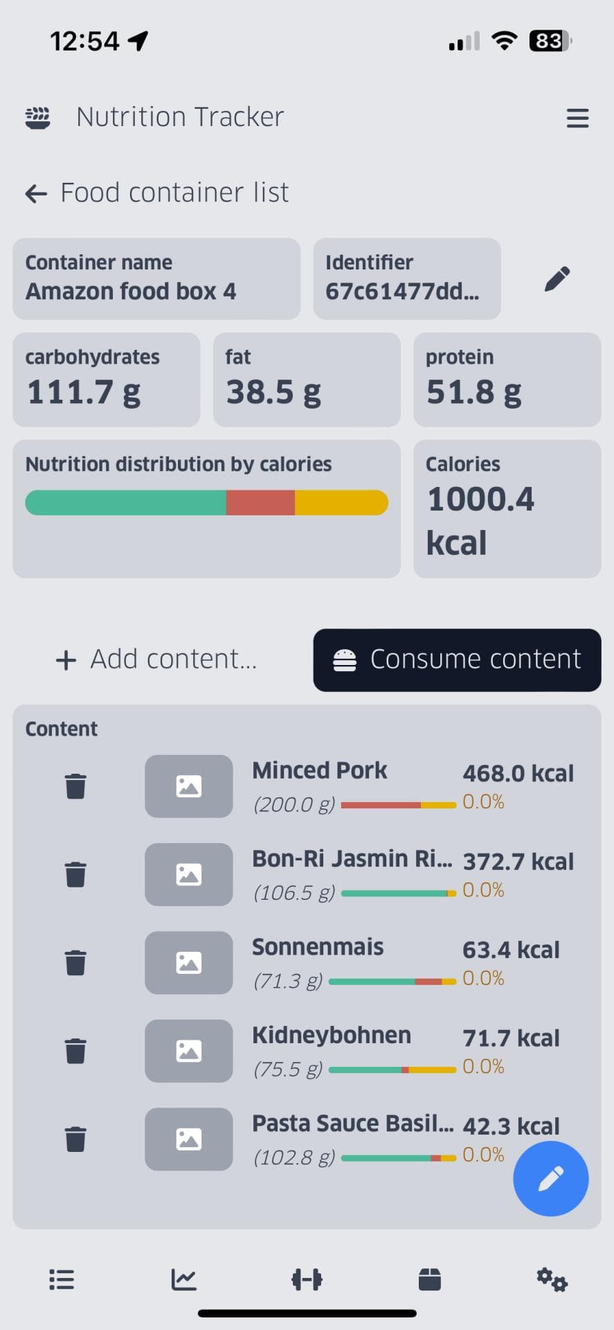 Meals that you prepared and kept in food boxes can be recorded as food containers in which the contents are also tracked. If you consume the contents, you can add the macros in the container to your daily consumption. This page shows the contents and the macros of a container