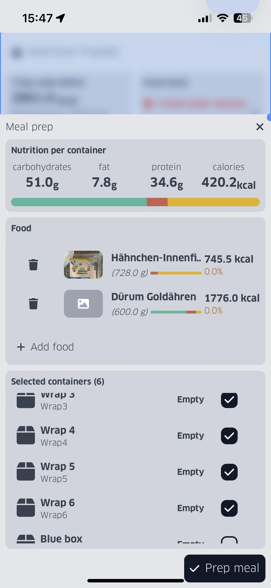 When you prepare multiple meals at once and store them in different food boxes, you can use this meal prep form to divide macros of food you added amongst the selected food containers you have registered (it’s assumed that the contents are equally divided). This saves you time to do the math and instead focus on making the food.